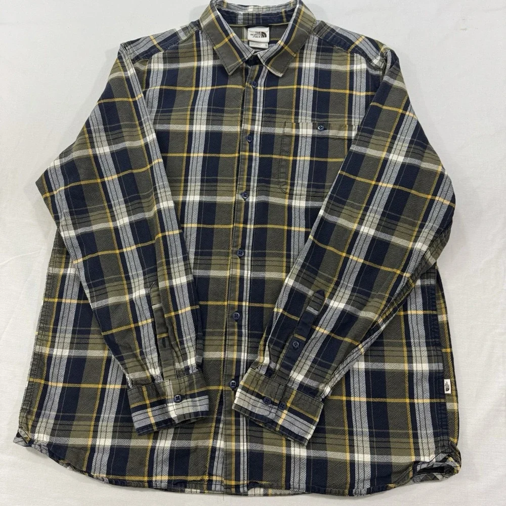 The North Face Men's XL Plaid Flannel Shirt Blue Brown Long Sleeve Button Up